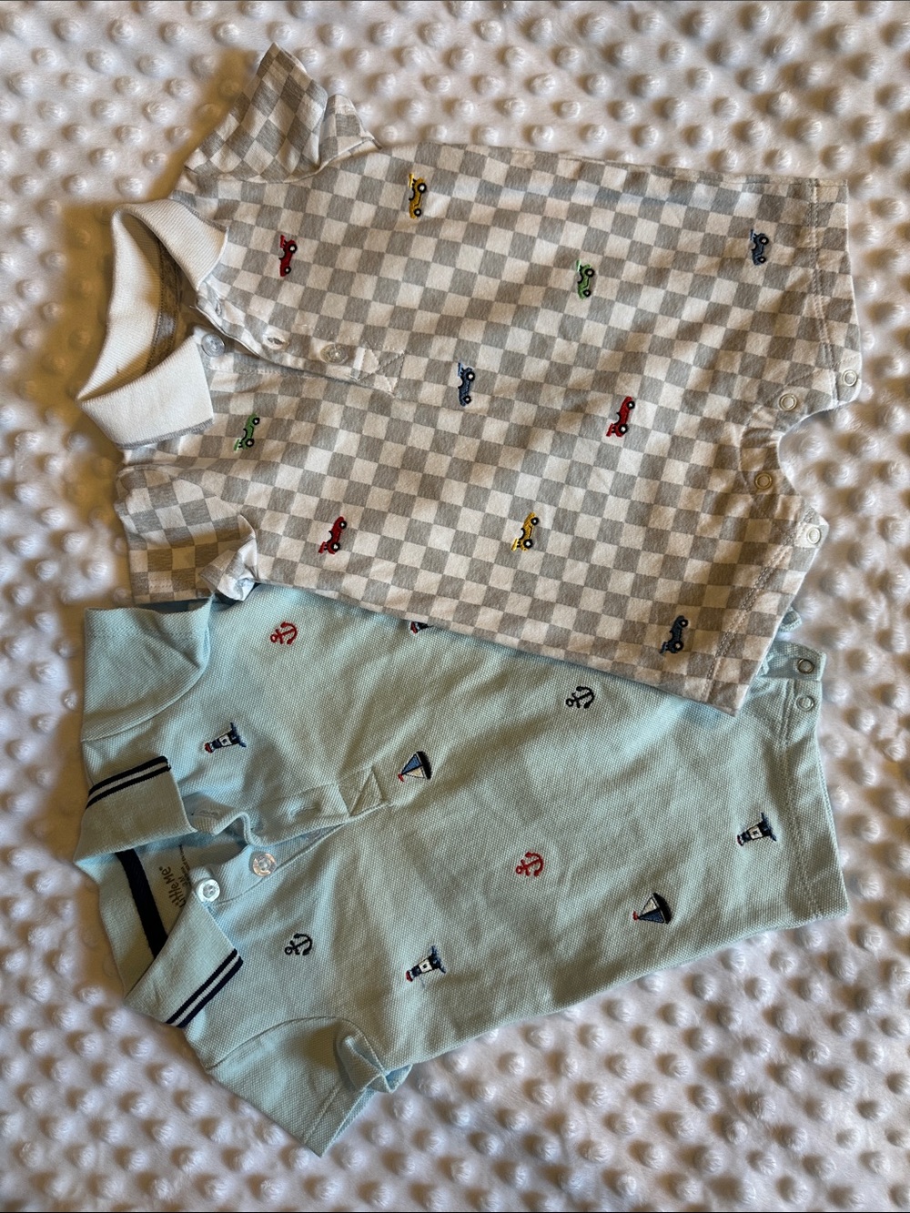 Baby Polo Onesies - Checkerboard Car & Nautical Embroidered - Gray & Light Blue